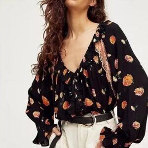 NWT Intimately Free People Popply Floral Printed Black Bodysuit Lace Women's XS